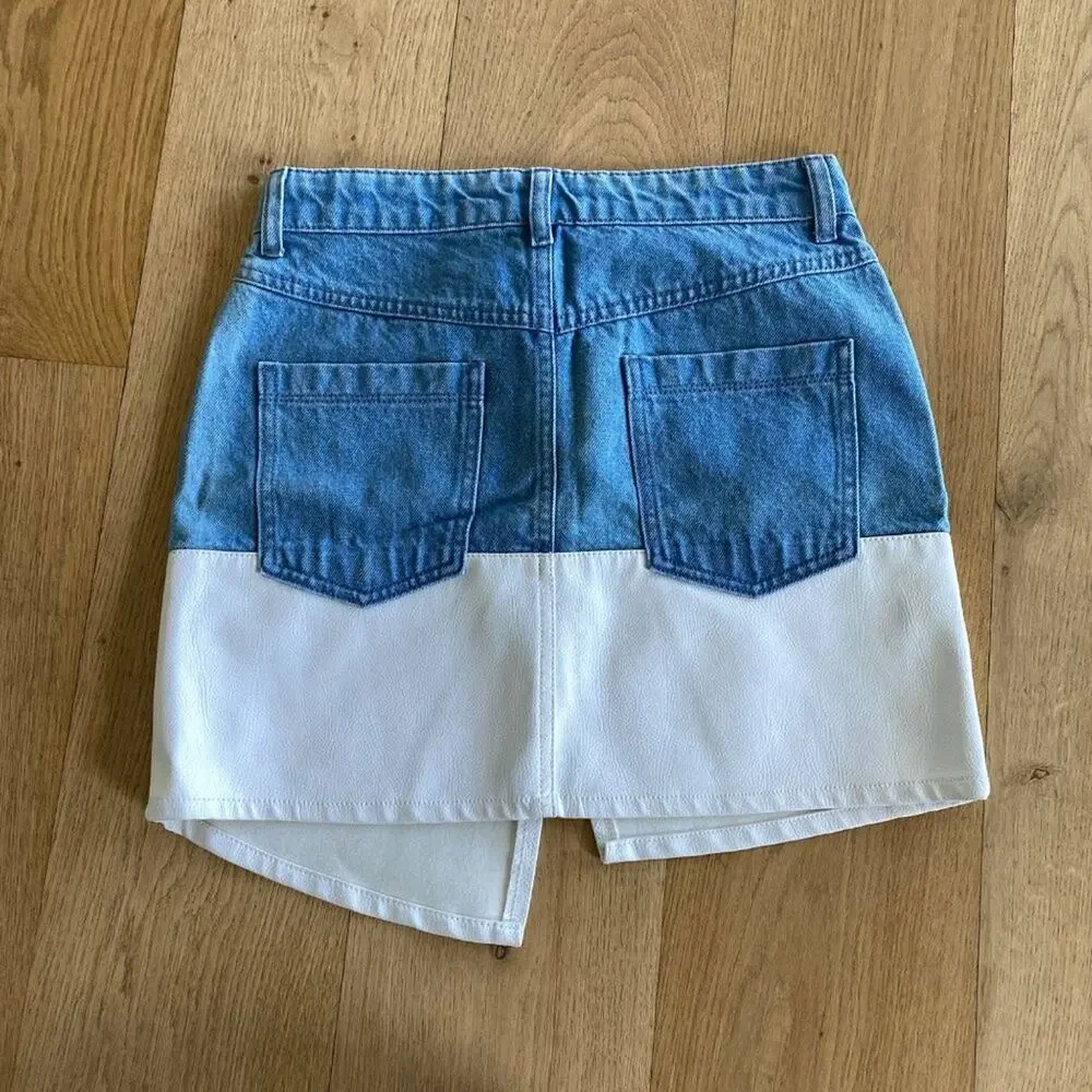 Denim and Leather Skirt in Blue and White